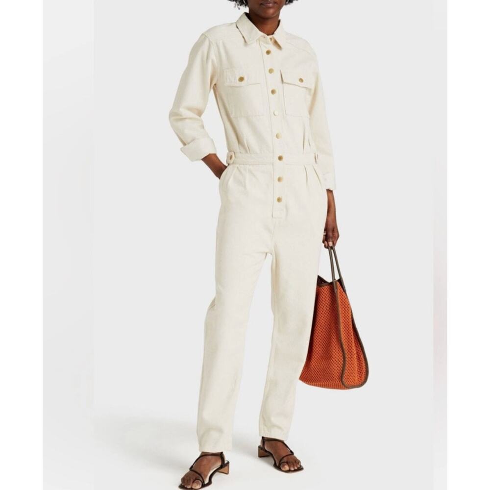 Triarchy Beige Jumpsuit Cotton Denim Pleated Collared Button-Up S Small NWOT